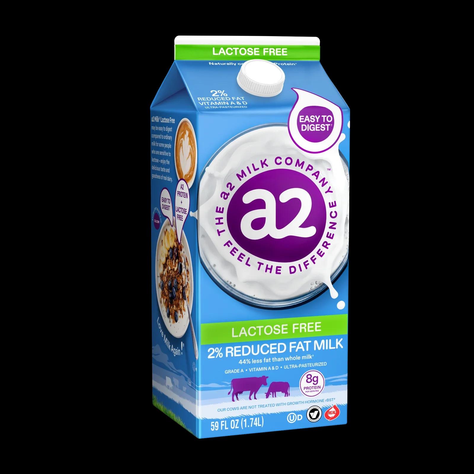 Carton of a2 Milk® Lactose Free 2% Reduced Fat Milk, 59 fl oz, front view